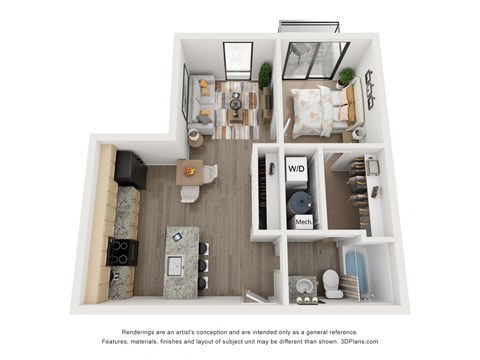 a 1 bedroom floorplan with a bedroom and a living room